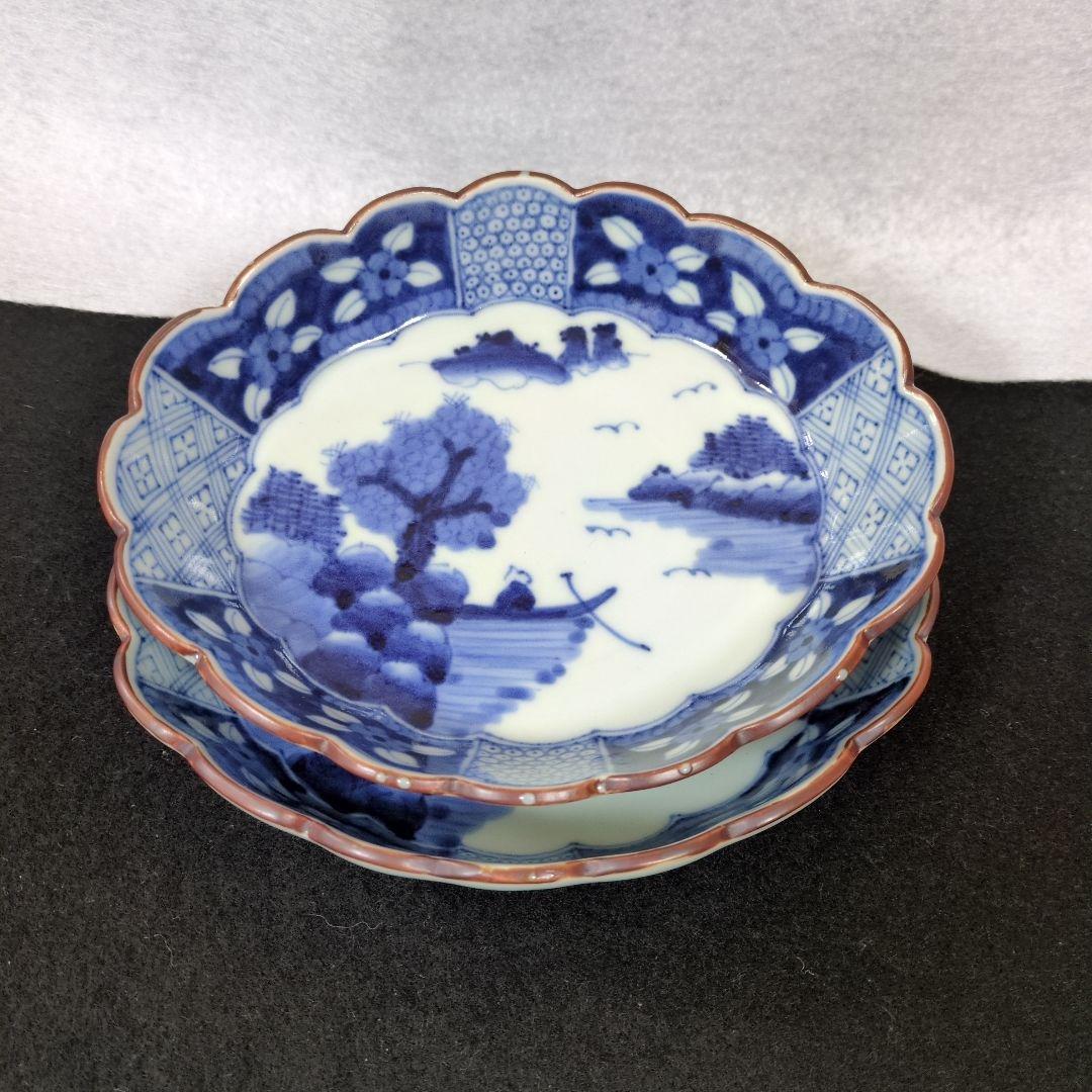 ★美品　有田焼　岩永浩 作　祥瑞山水図菊割楕円向付　2枚