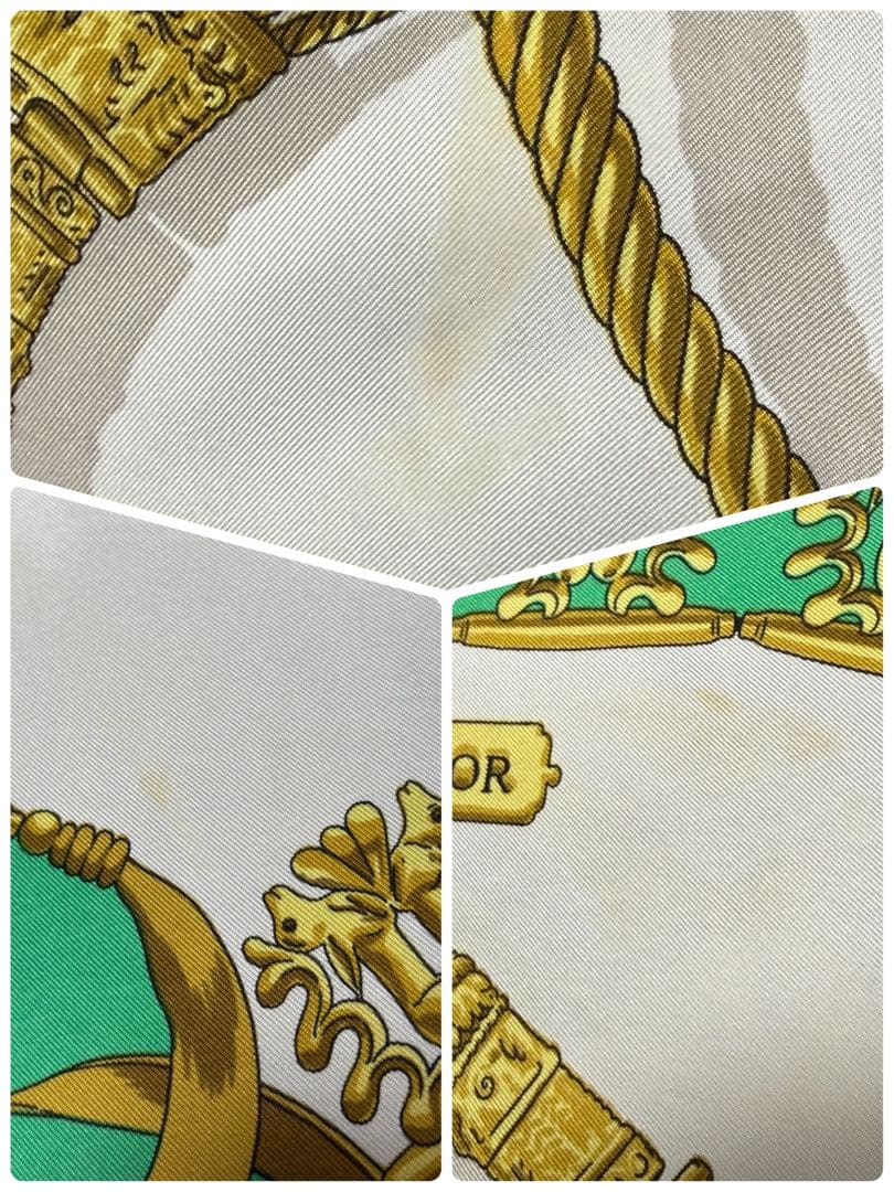 HERMES エルメス　カレ90 スカーフ 黄金の騎士　グリーン　色褪せあり