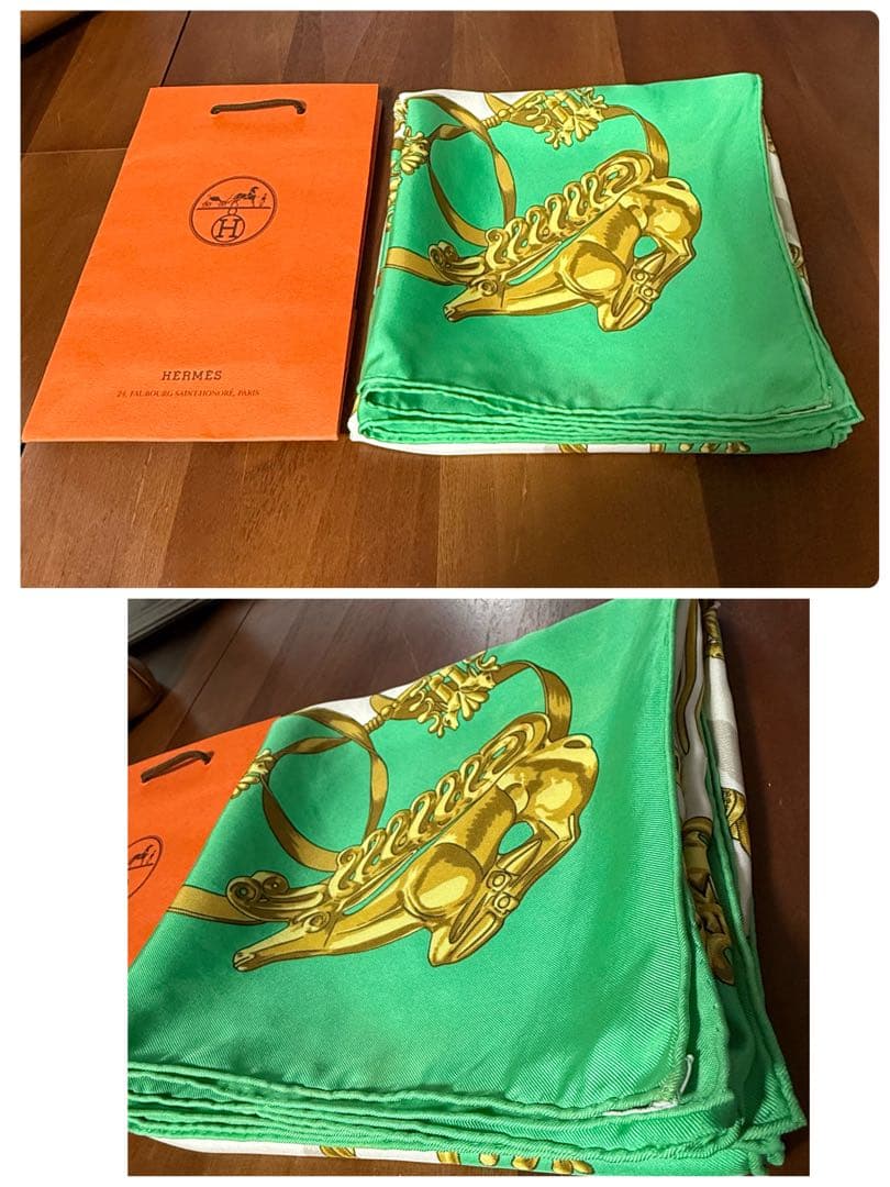 HERMES エルメス　カレ90 スカーフ 黄金の騎士　グリーン　色褪せあり