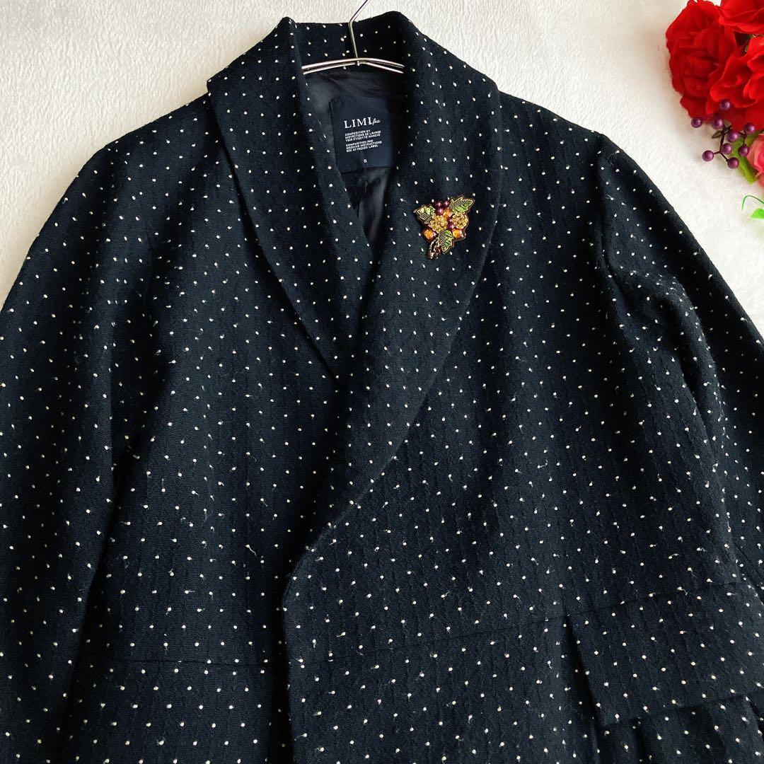 リミフゥ★ショールカラー ウールロングコート ドット柄 総柄 Aライン ギャザー