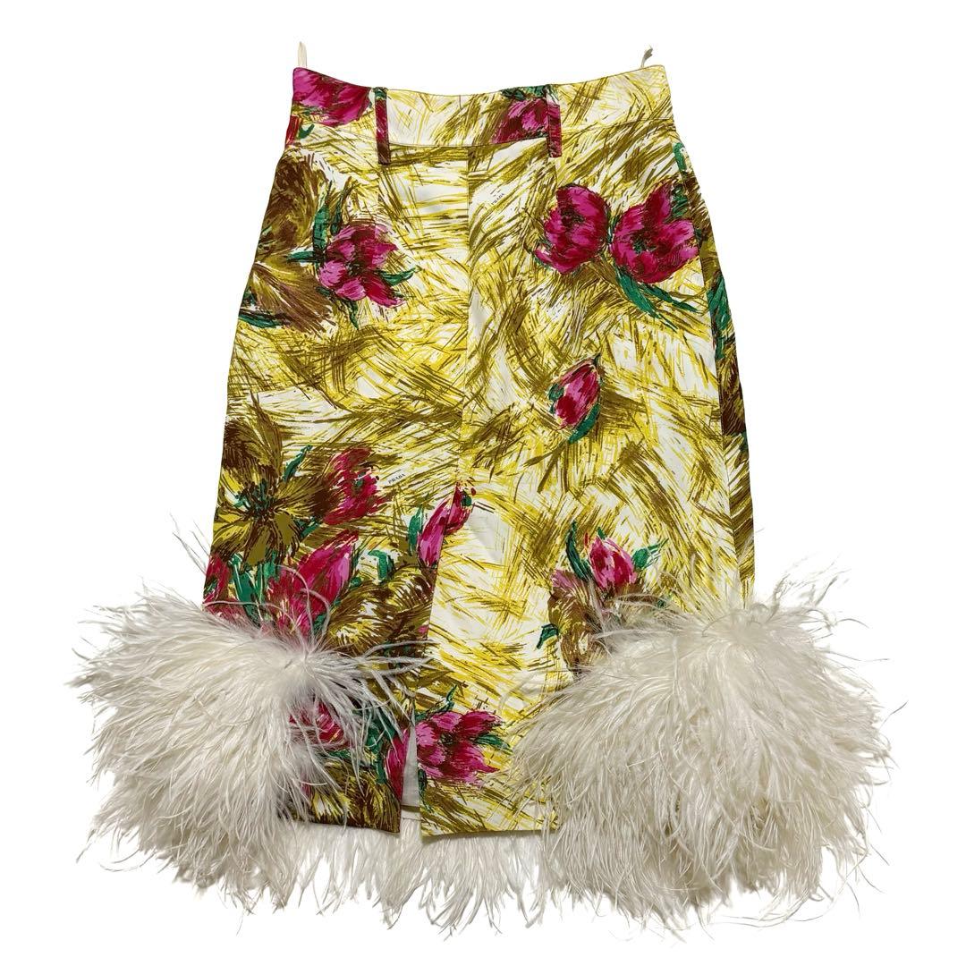 2017FW PRADA プラダ スカート フェザー シルク レザー ファー