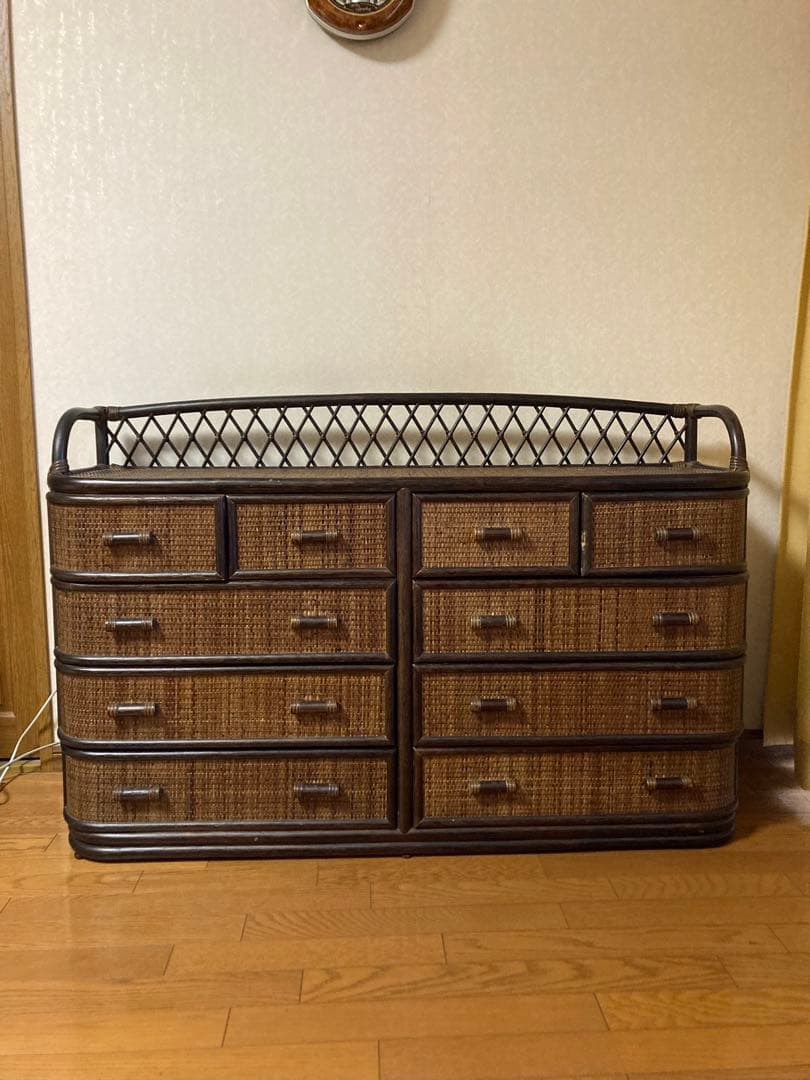 ラタン★籐★ワイドシェルフ　チェスト　アンティーク　ビンテージ