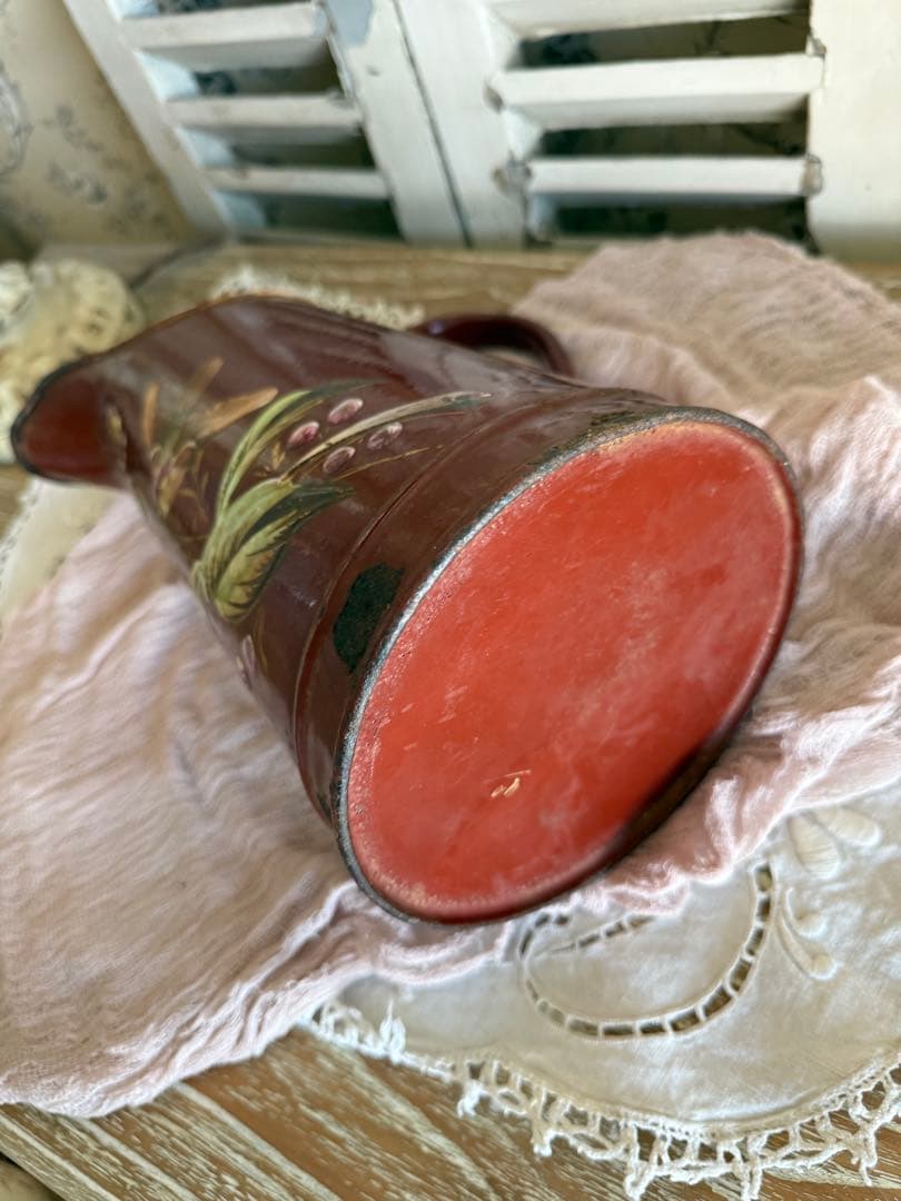 フランスアンティークブラウン小鳥と草花のハンドペイントのホーロージャグピッチャー