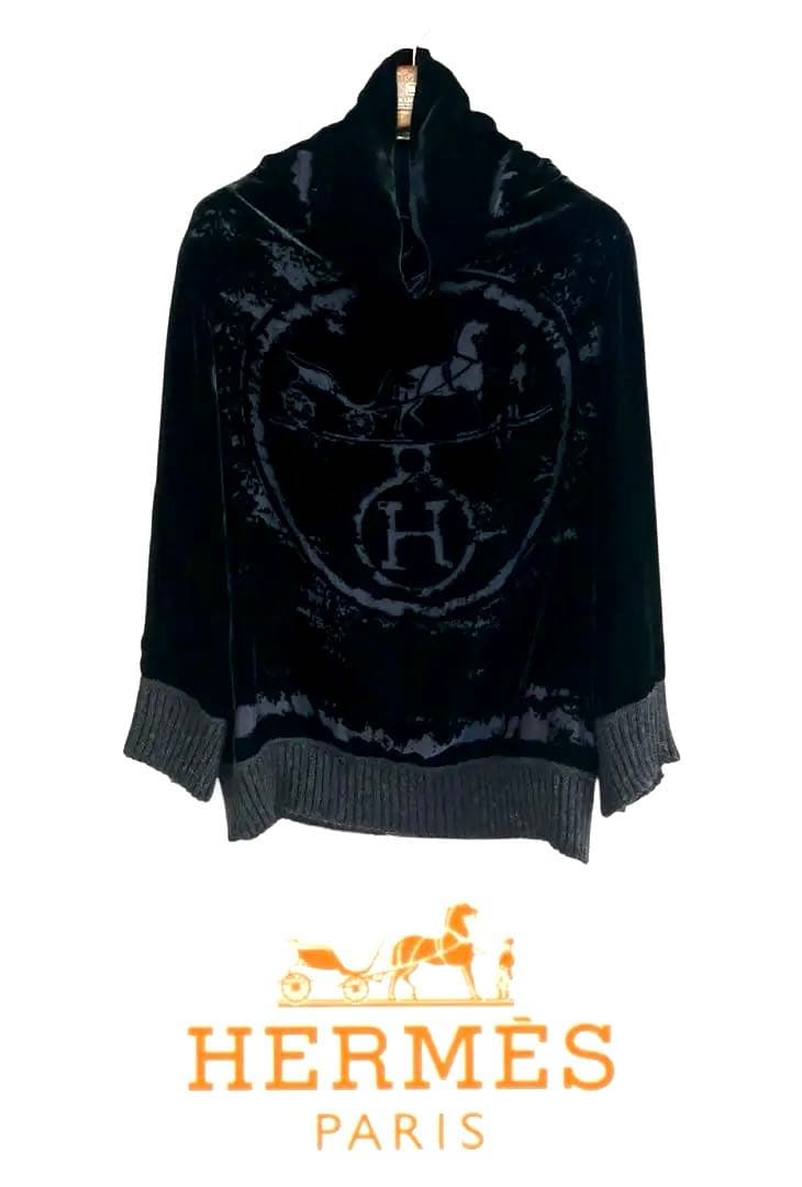 エルメス エクスリブリス ニット チュニック ベロア 黒 グレー 42
