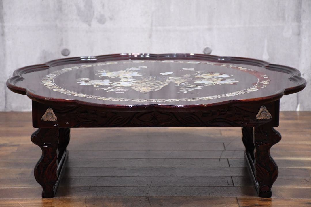 EFK24 螺鈿細工 韓国漆塗り 丸角座卓 ちゃぶ台 折れ脚 折り畳み 丸角お膳