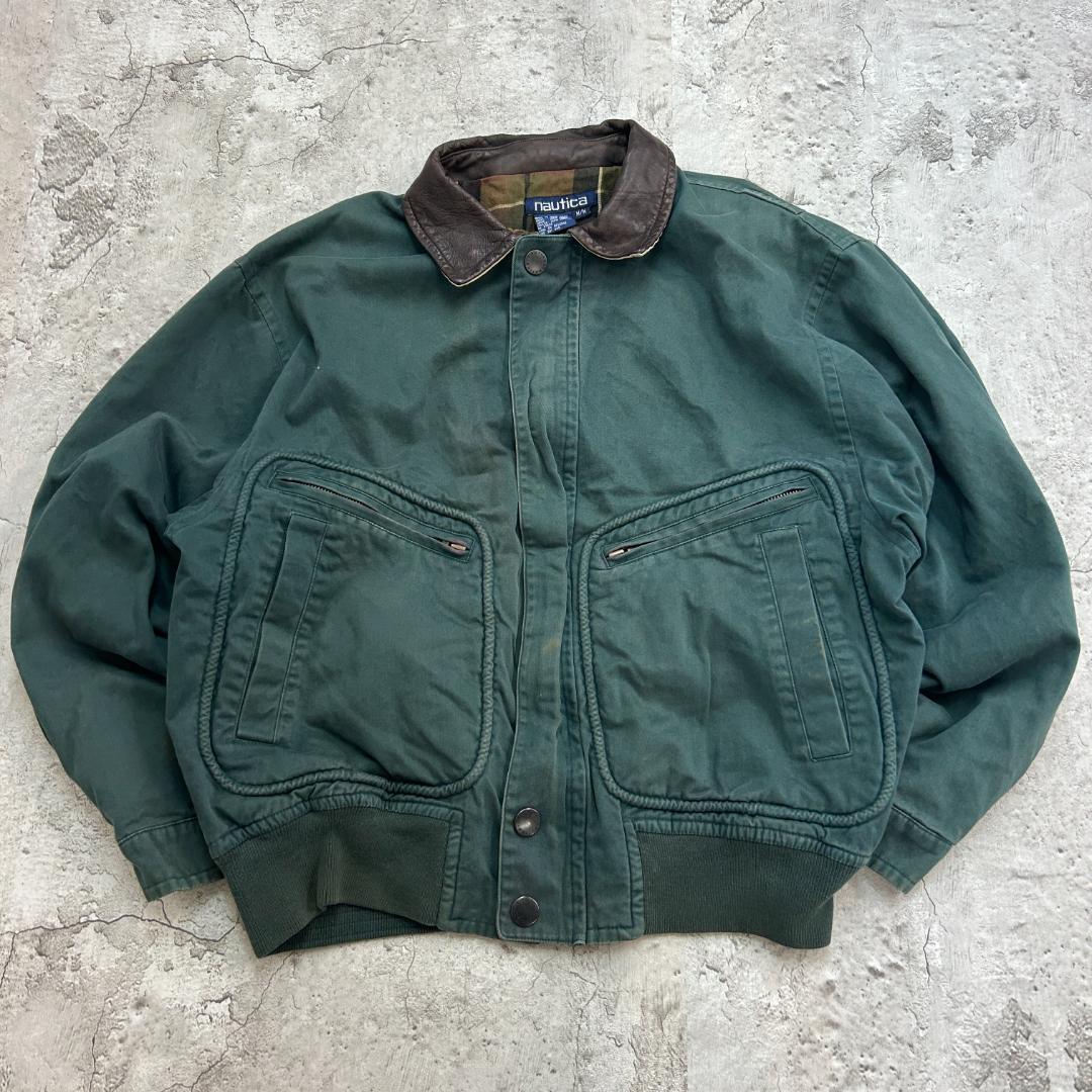 ア*ン様 90s　香港製　ノーティカ　襟レザー　ブルゾン　古着　グリーン　M