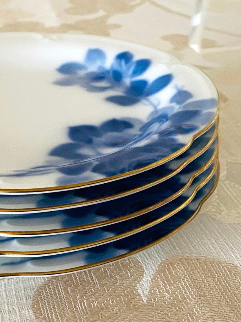 [未使用] 大倉陶園　岡染　ブルーローズ　 銘々皿　5枚