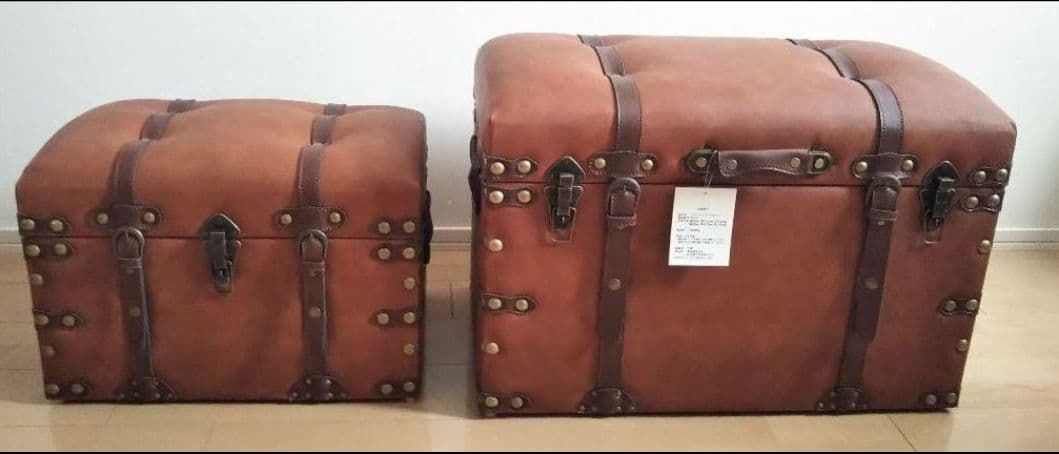 トランク収納スツール 収納ボックス　 レザー調 ブラウン　大・小セット