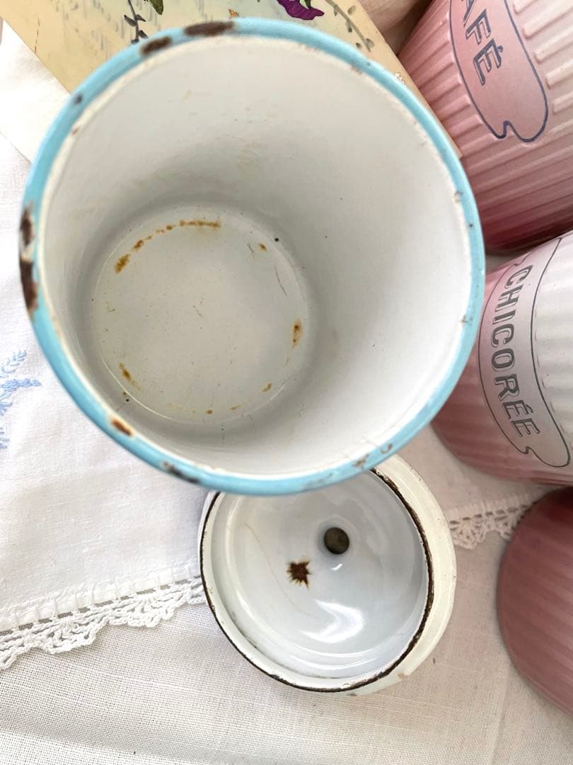 フランスアンティーク BB社ローズガーランドホーローキャニスター·͜· ♡