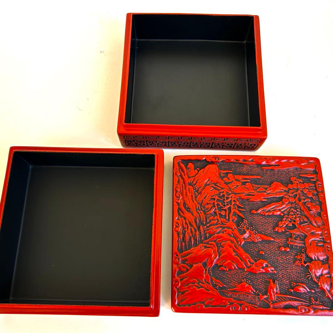 【希少】美品　漆器 堆朱 木製　手彫り　彫刻漆器 仙台堆朱 蓋付き　重箱　2段