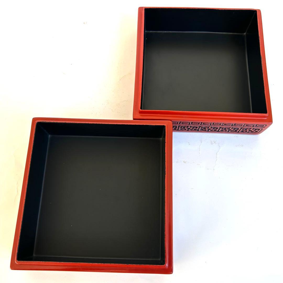 【希少】美品　漆器 堆朱 木製　手彫り　彫刻漆器 仙台堆朱 蓋付き　重箱　2段