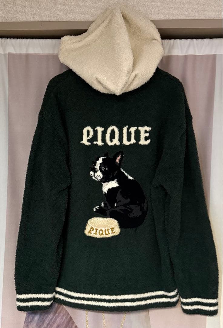 ジェラートピケ フレンチブルドッグ カーディガンパーカー グリーン