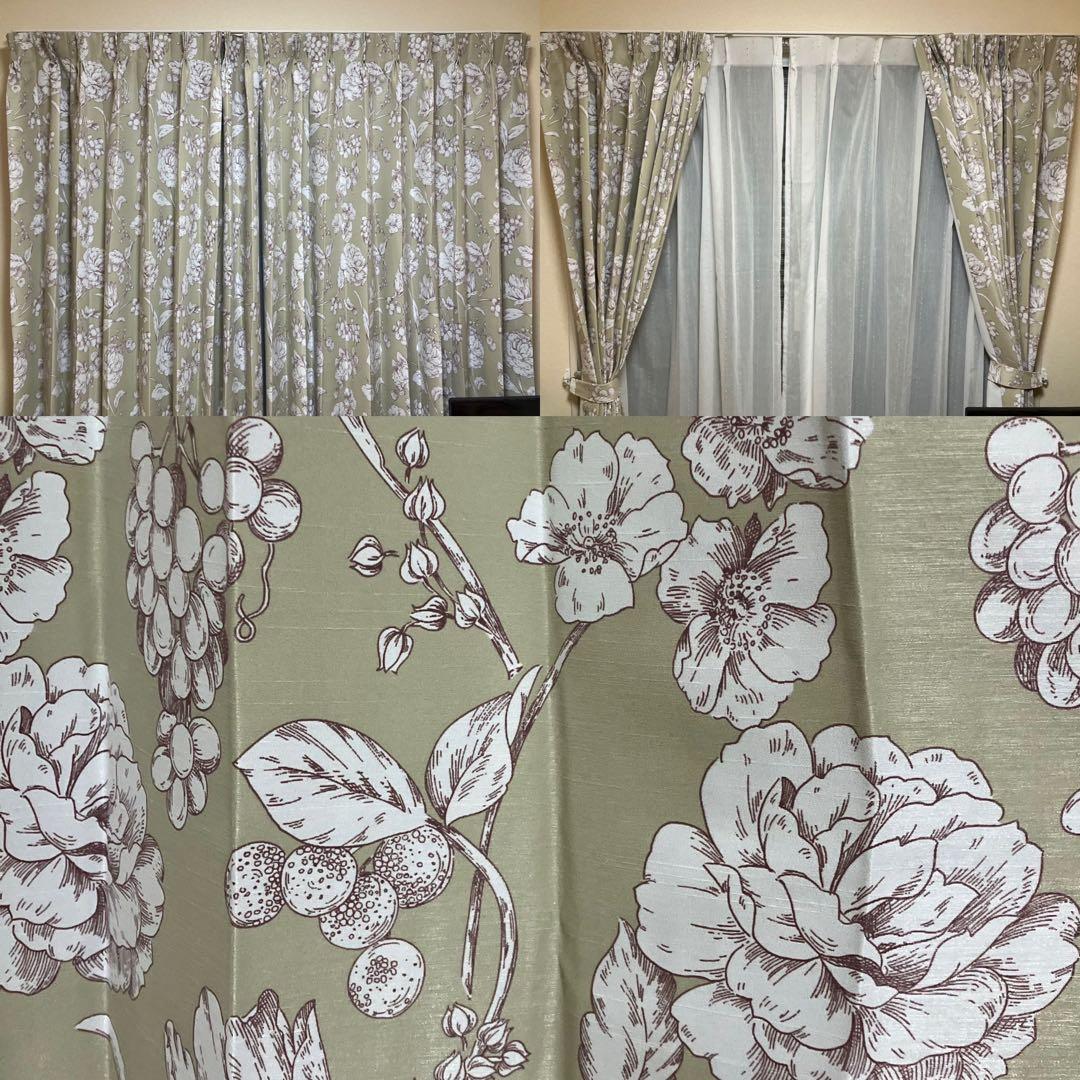 花柄 ドレープカーテン2倍ヒダ 巾1900 丈 2030 Aフック タッセル付