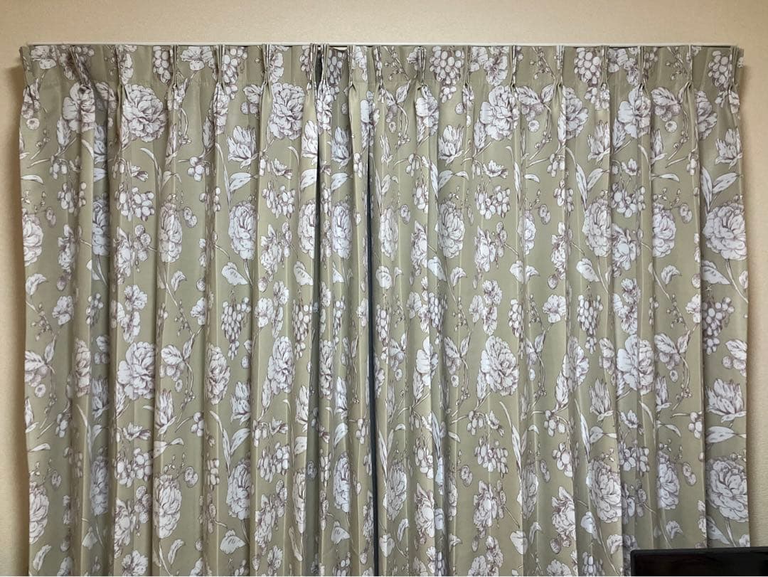 花柄 ドレープカーテン2倍ヒダ 巾1900 丈 2030 Aフック タッセル付