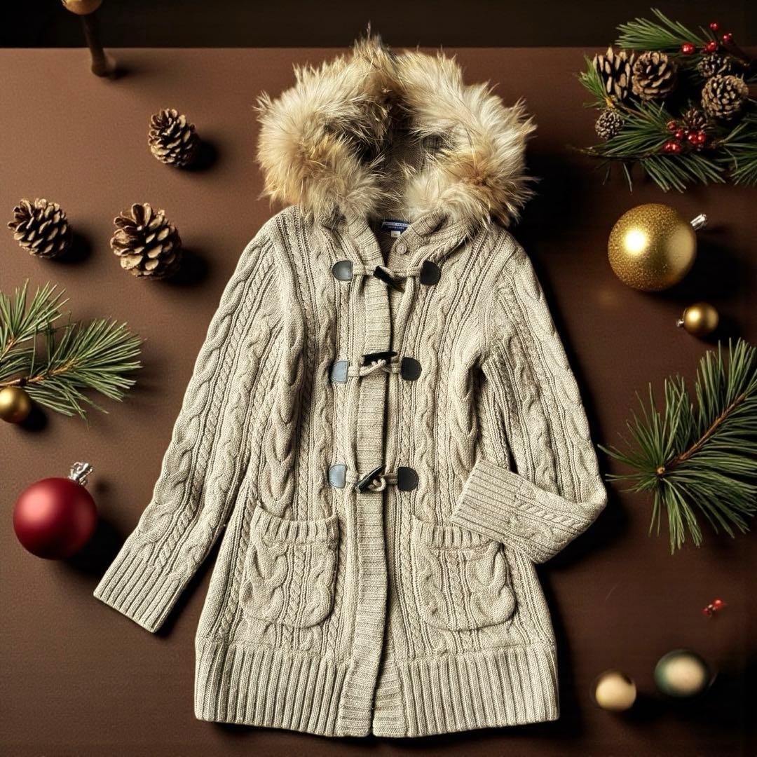 バーバリーブルーレーベル 38 ダッフル コート ケーブル ニット　ファー付