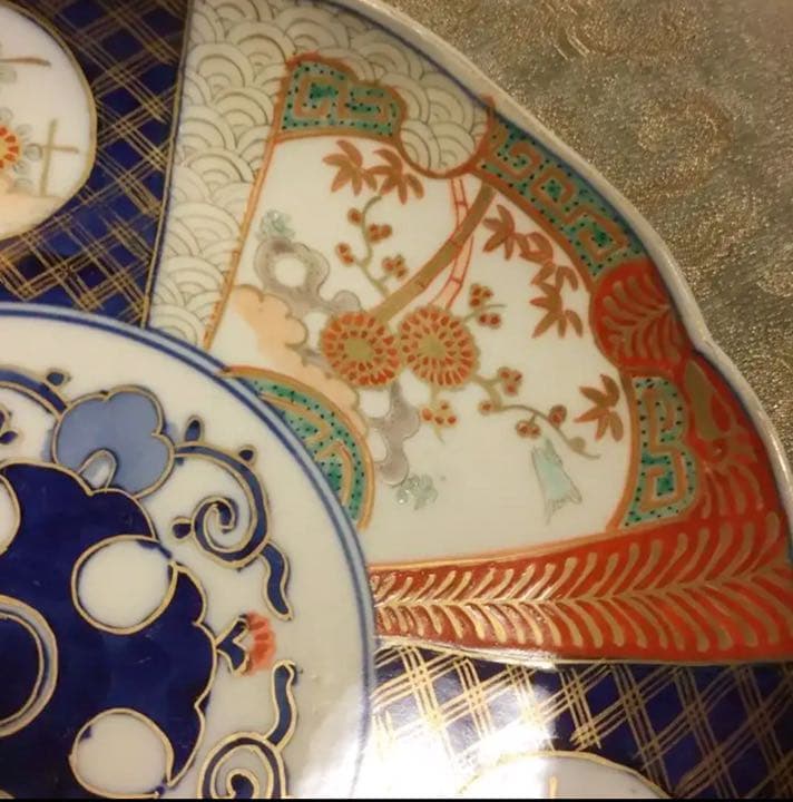 A502 古伊万里　染錦手　見込唐草　窓絵花鳥紋様　8寸皿　　5枚