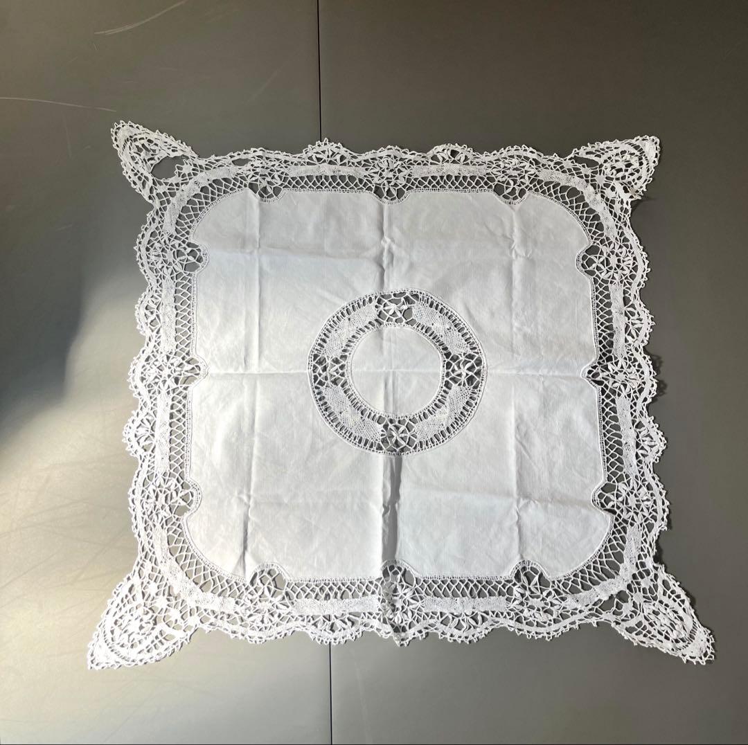 希少 フレンチアンティーク テーブルクロス 1940-50年代 手刺繍 86cm