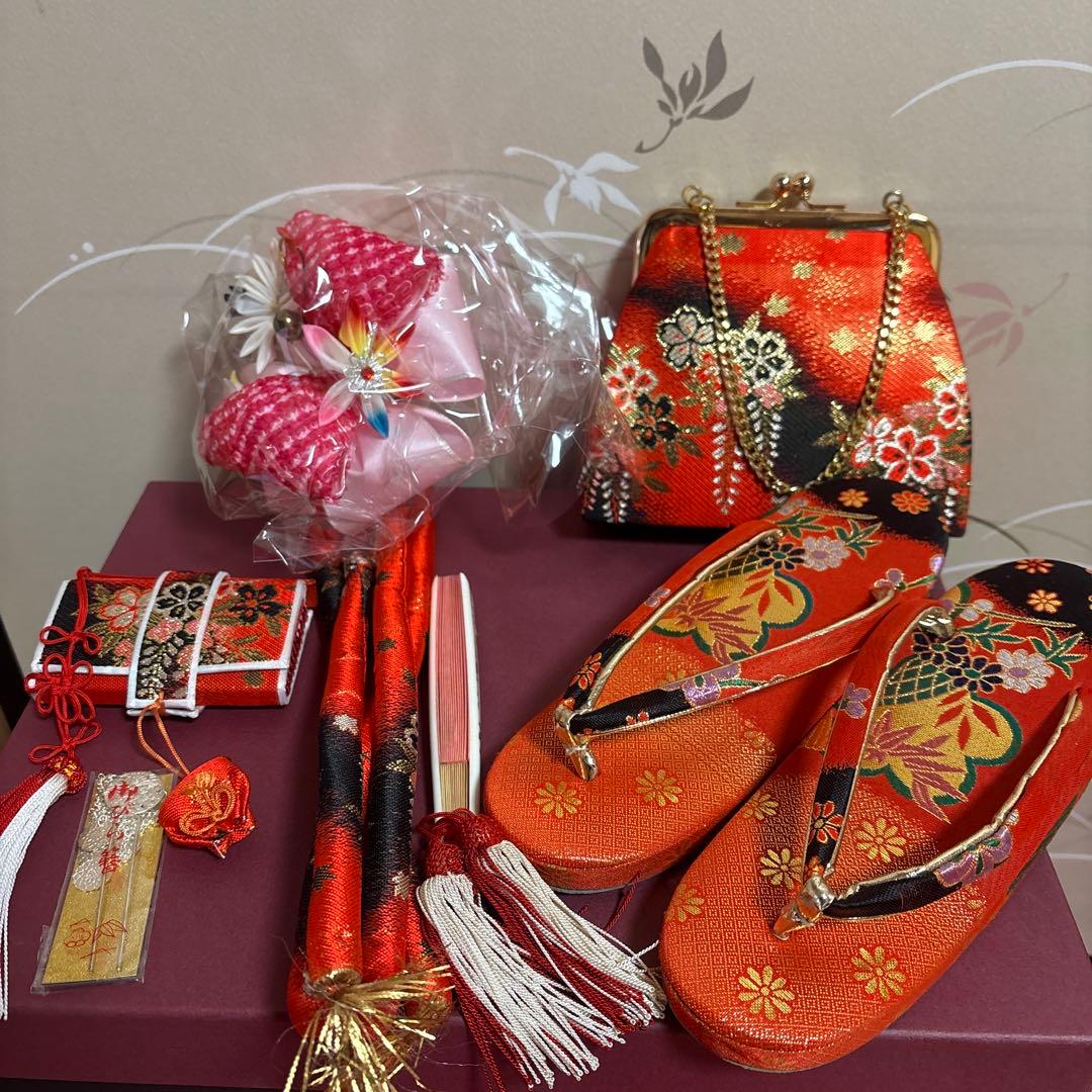 七五三用 赤色花柄草履とバッグセット