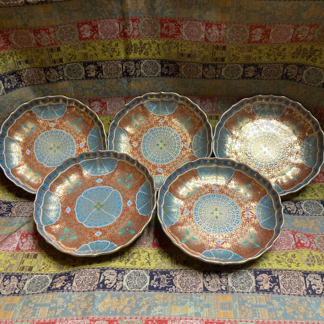 新品未使用　前畑陶器 庫山窯 金彩花紋5枚セット取り皿　￼14×2.8cm 箱付