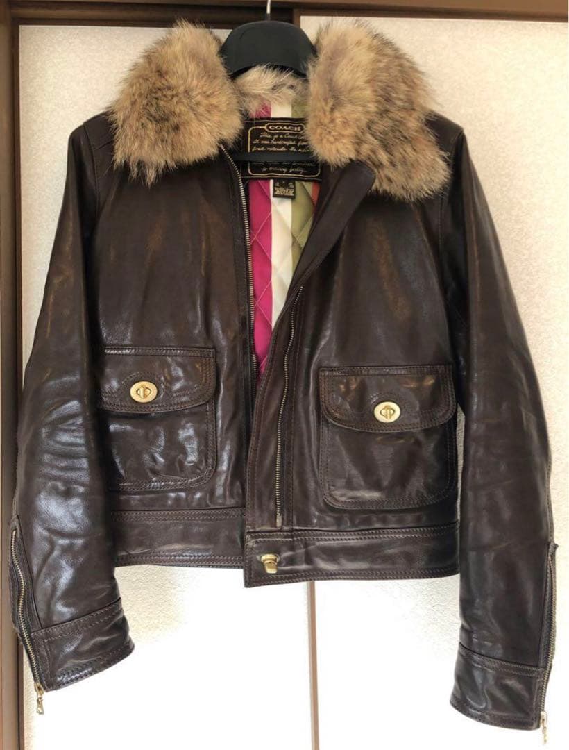 ば*ん様 【状態良し】 COACH コヨーテ毛皮付き革ジャケット　レザー　ジャケ