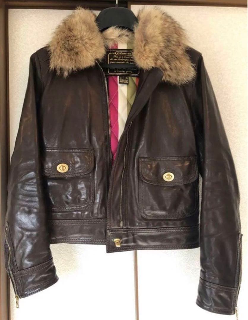 ば*ん様 【状態良し】 COACH コヨーテ毛皮付き革ジャケット　レザー　ジャケ