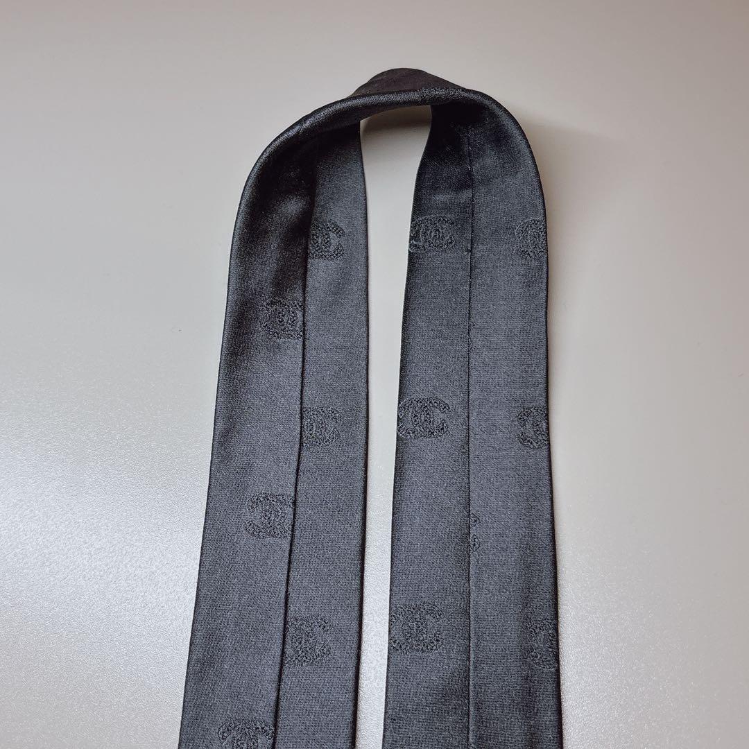 CHANEL 5.0 ナロータイ ココマーク ソリッド シルバーグレー シルク