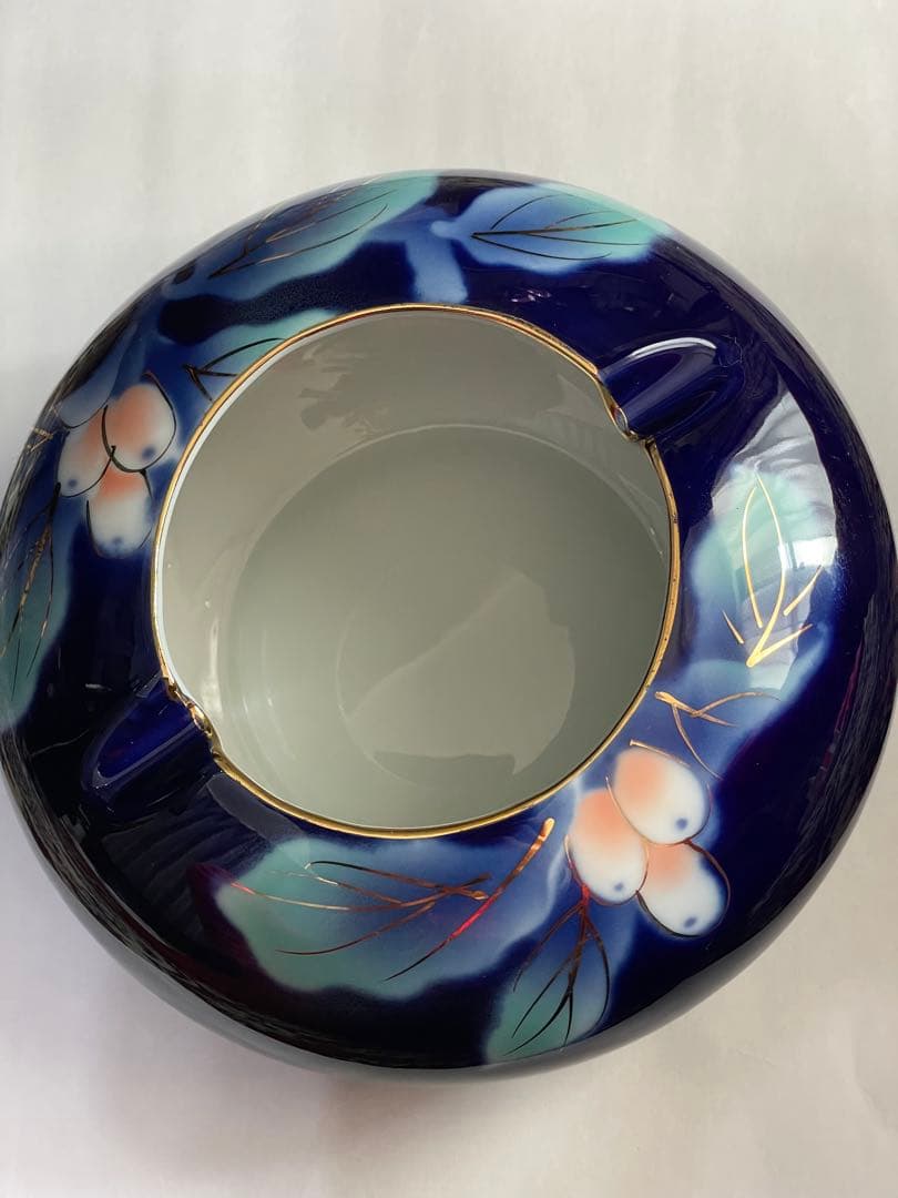 青色花柄置き型灰皿