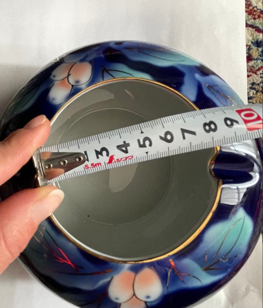 青色花柄置き型灰皿