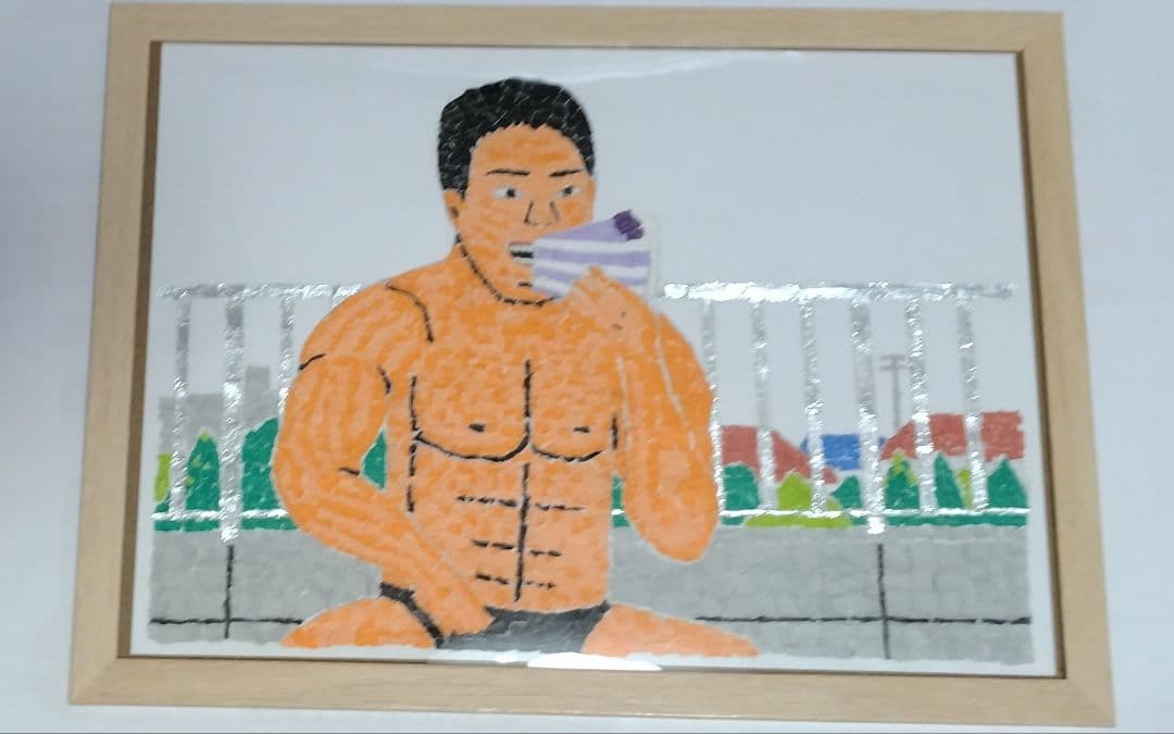 「ケーキを食べる野獣先輩」ちぎり絵、オリジナル、手作り作品、A4サイズ、芸術