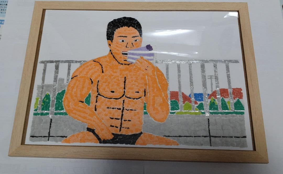 「ケーキを食べる野獣先輩」ちぎり絵、オリジナル、手作り作品、A4サイズ、芸術