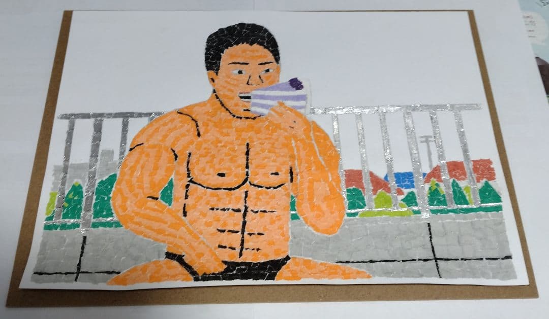 「ケーキを食べる野獣先輩」ちぎり絵、オリジナル、手作り作品、A4サイズ、芸術