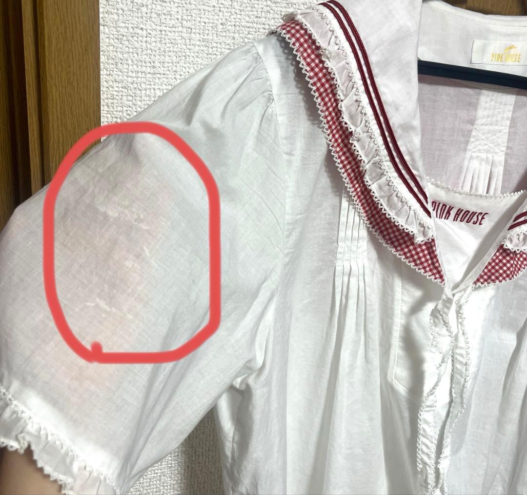 ピンクハウス　ギンガムうさぎ　いちご　刺繍　セーラー　ブラウス　赤　白