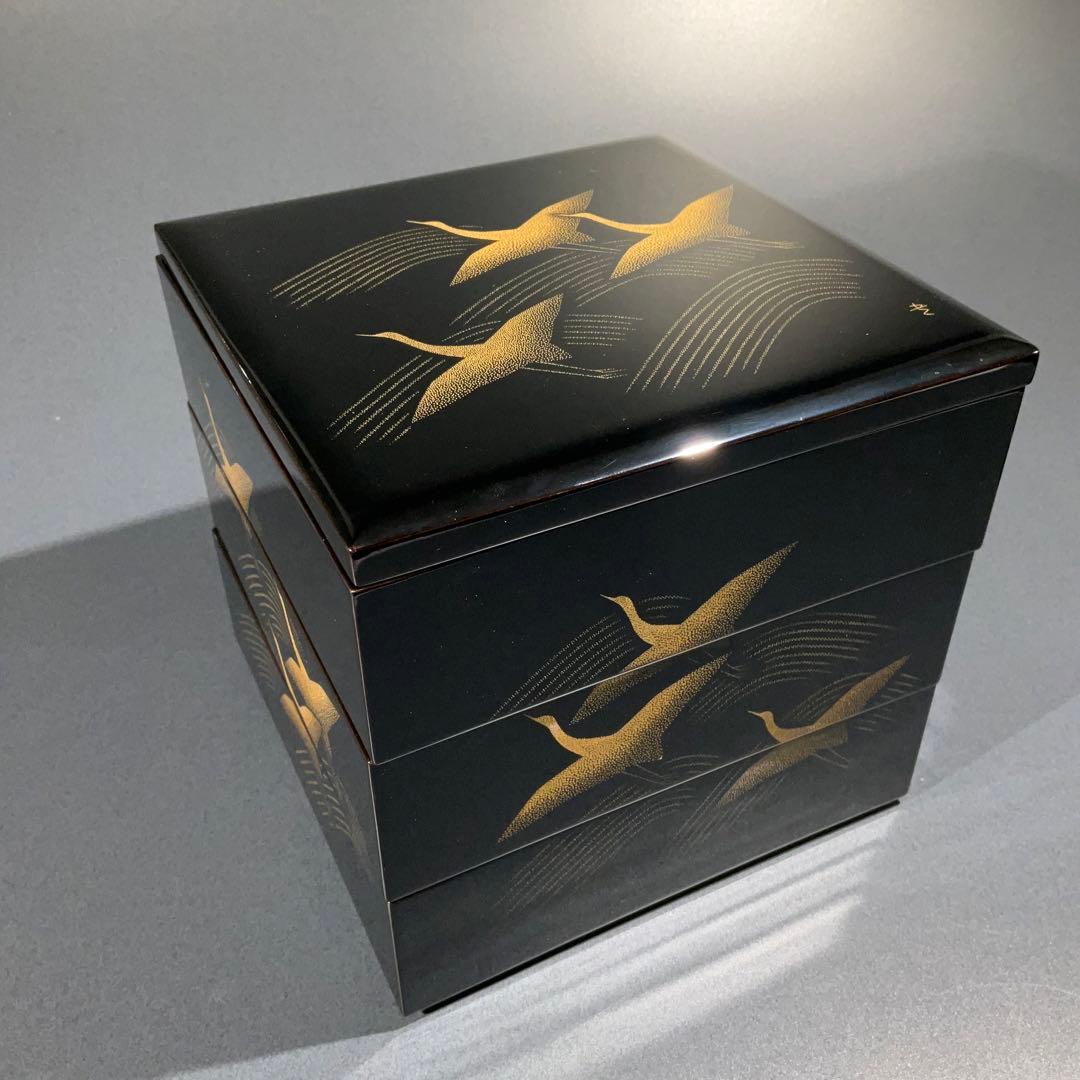 沈金蒔絵　千羽鶴　三段重　黒漆　共箱　三谷吾一　輪島　R0845て