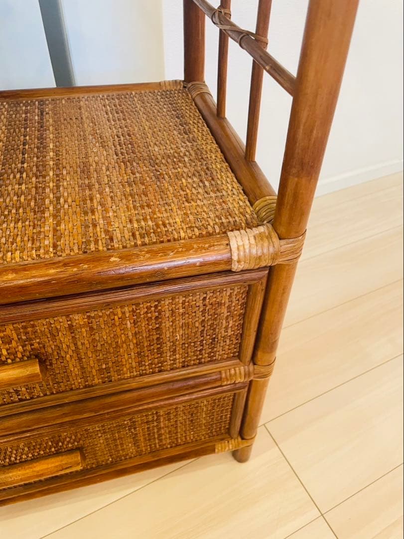 籐ラタン アーチ型シェルフ 棚 ラック 収納 電話台 花台 引き出し ビンテージ