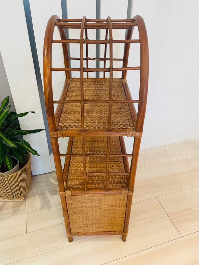 籐ラタン アーチ型シェルフ 棚 ラック 収納 電話台 花台 引き出し ビンテージ