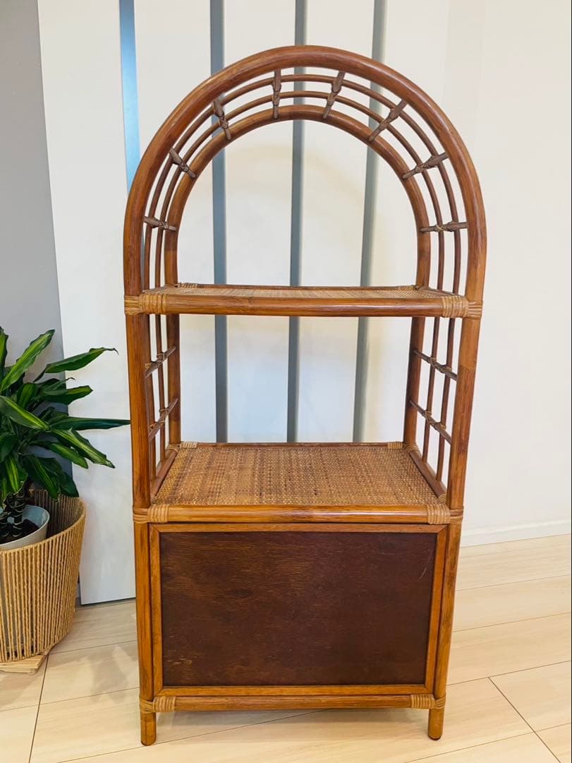 籐ラタン アーチ型シェルフ 棚 ラック 収納 電話台 花台 引き出し ビンテージ