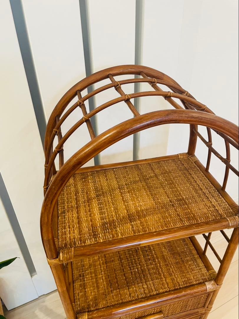 籐ラタン アーチ型シェルフ 棚 ラック 収納 電話台 花台 引き出し ビンテージ