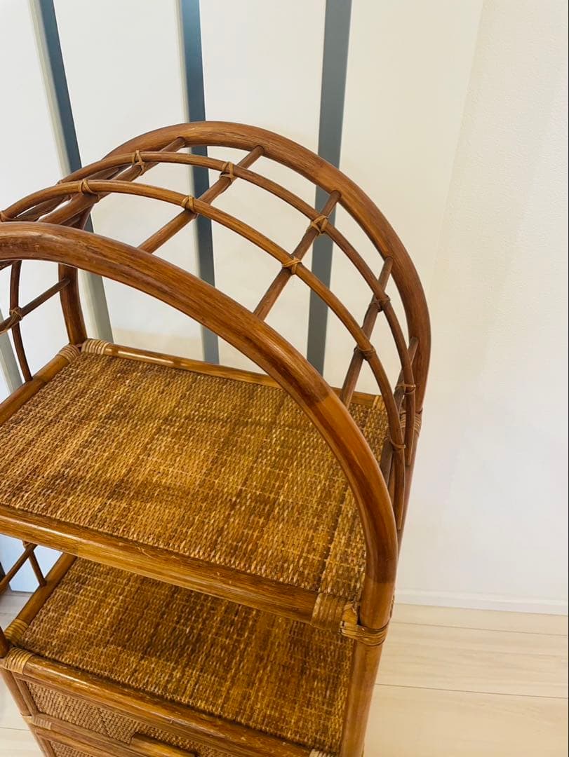 籐ラタン アーチ型シェルフ 棚 ラック 収納 電話台 花台 引き出し ビンテージ