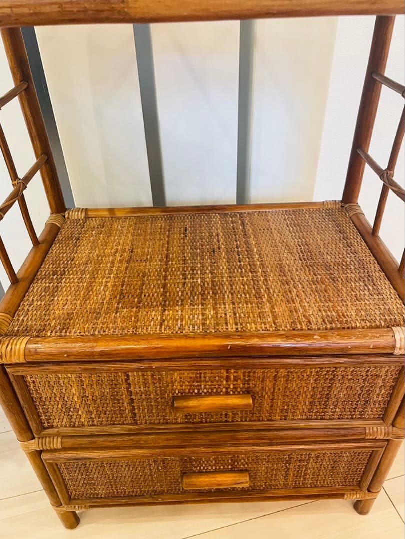 籐ラタン アーチ型シェルフ 棚 ラック 収納 電話台 花台 引き出し ビンテージ