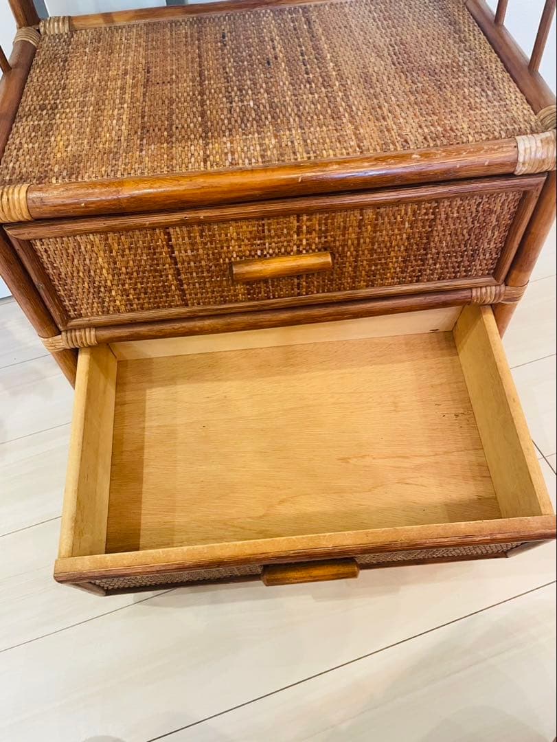 籐ラタン アーチ型シェルフ 棚 ラック 収納 電話台 花台 引き出し ビンテージ