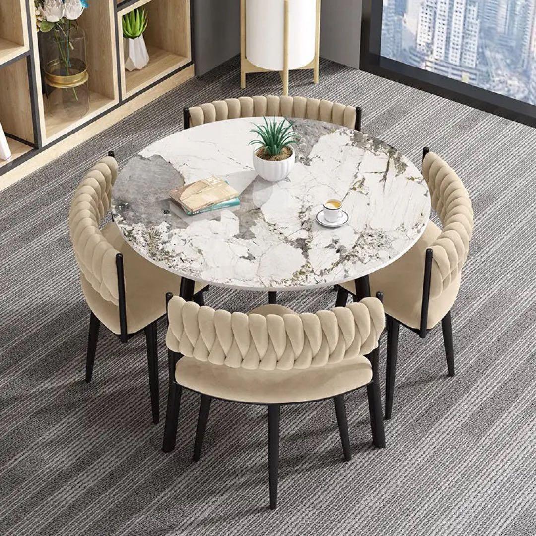 大理石調テーブル × 立体キルティングチェア 円形ダイニングセット