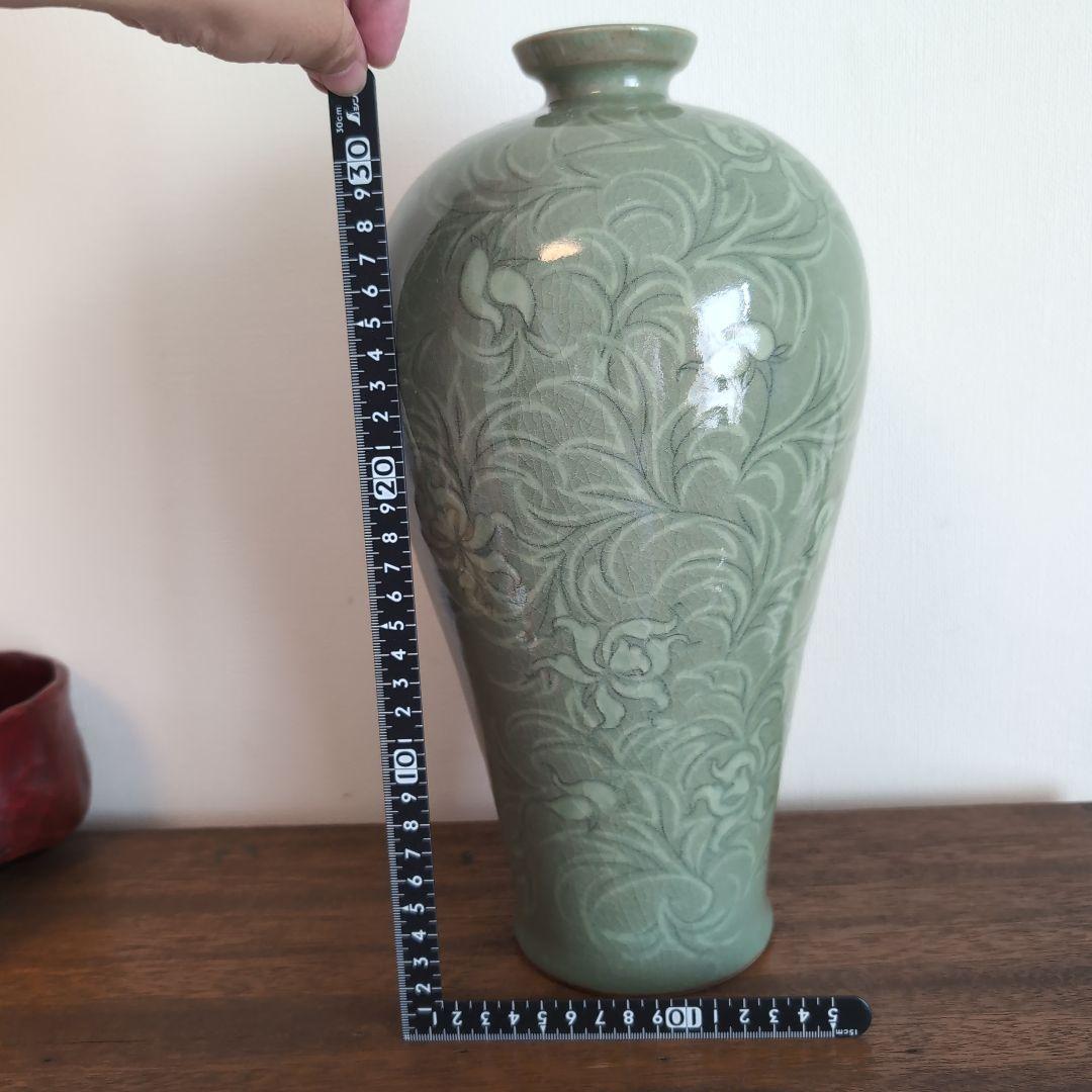 高麗青磁　白黒象嵌　朝鮮美術　梅瓶　骨董　陶芸　陶磁器　33.5cm高程