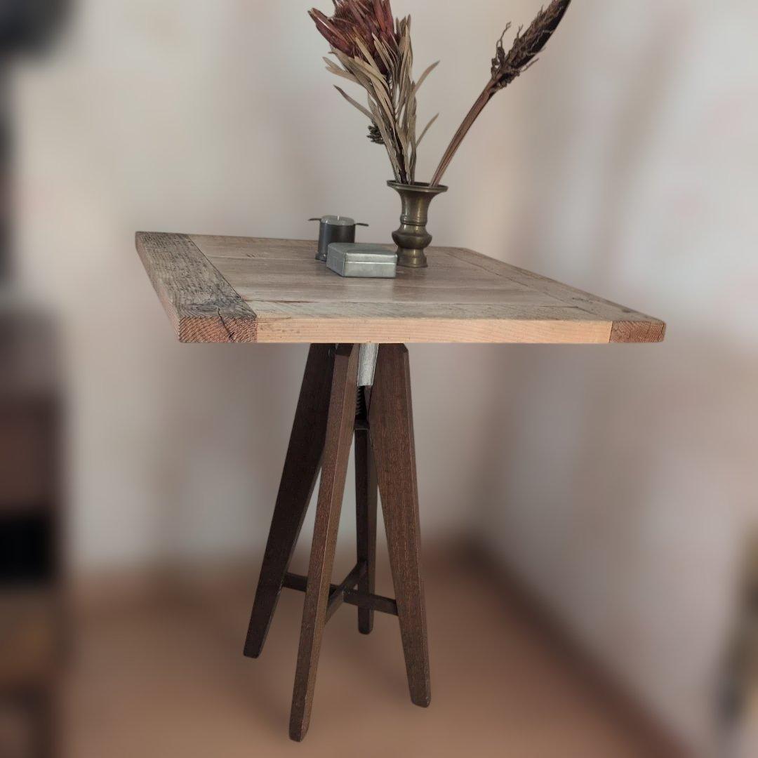 ブロカントフランス天板木製三脚式正方形回転テーブル