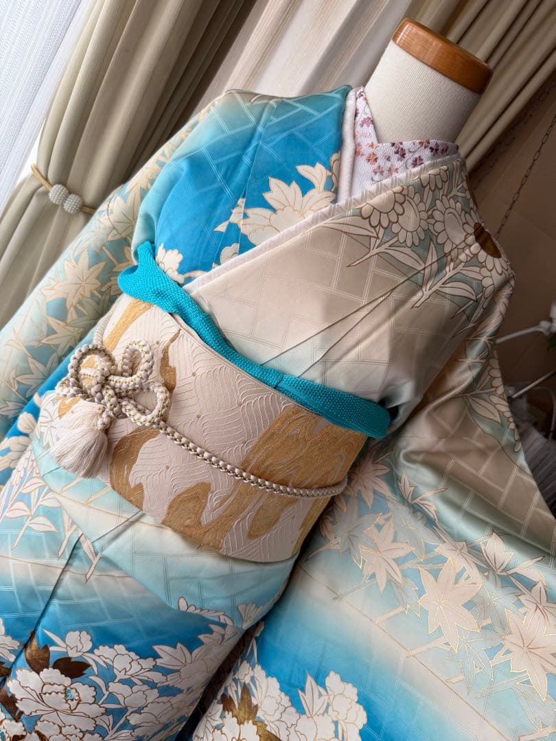 振袖フルセット アイボリー×ブルーグラデ 金箔金駒刺繍