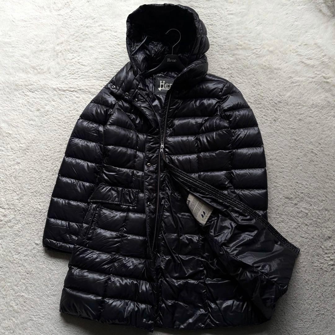 【美品】ヘルノ ライトダウンコート ロング丈 フード付き ダブルジップ 黒 XL