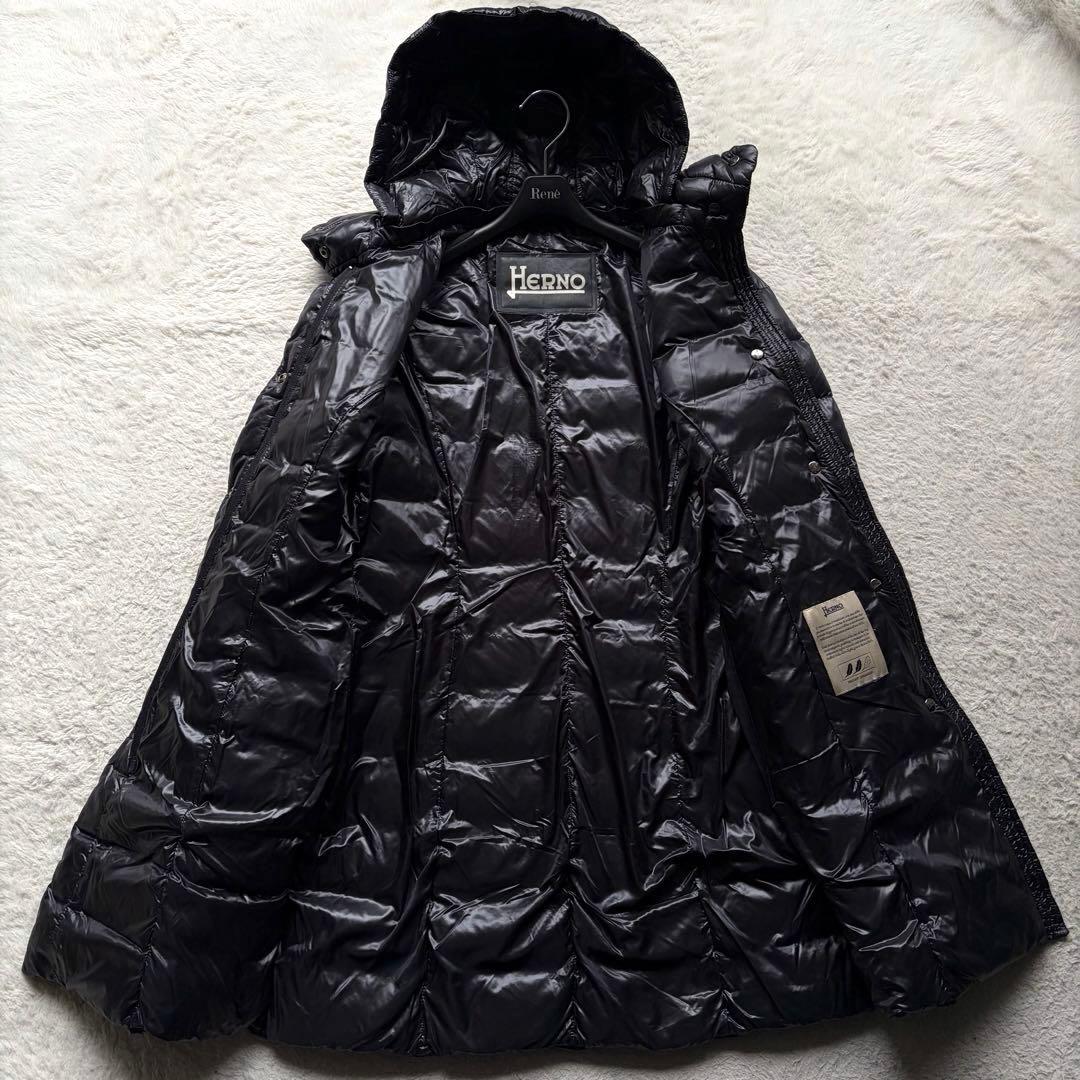 【美品】ヘルノ ライトダウンコート ロング丈 フード付き ダブルジップ 黒 XL