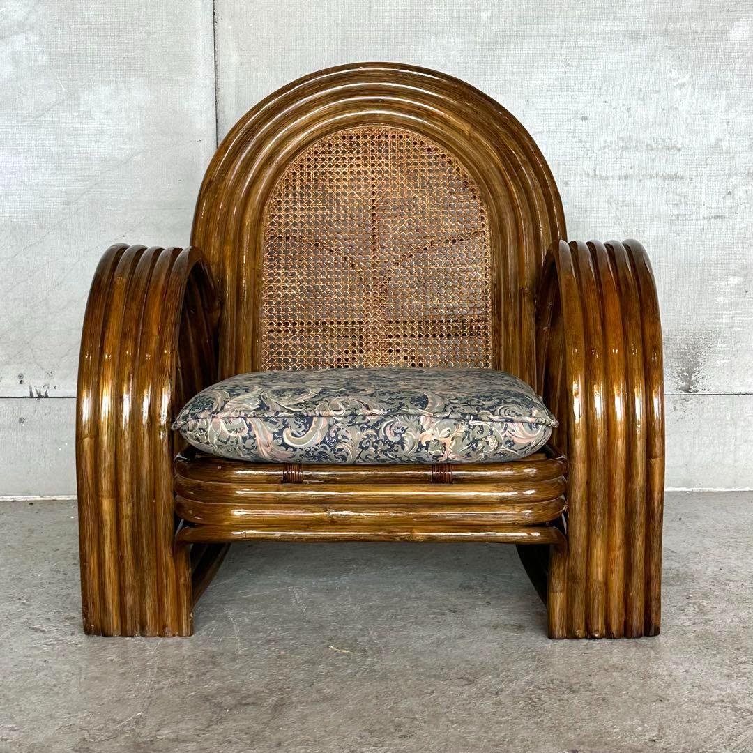 ꧁オールドラタン꧂カフェ風✦レトロラタン大型アームチェア　1人掛けソファー