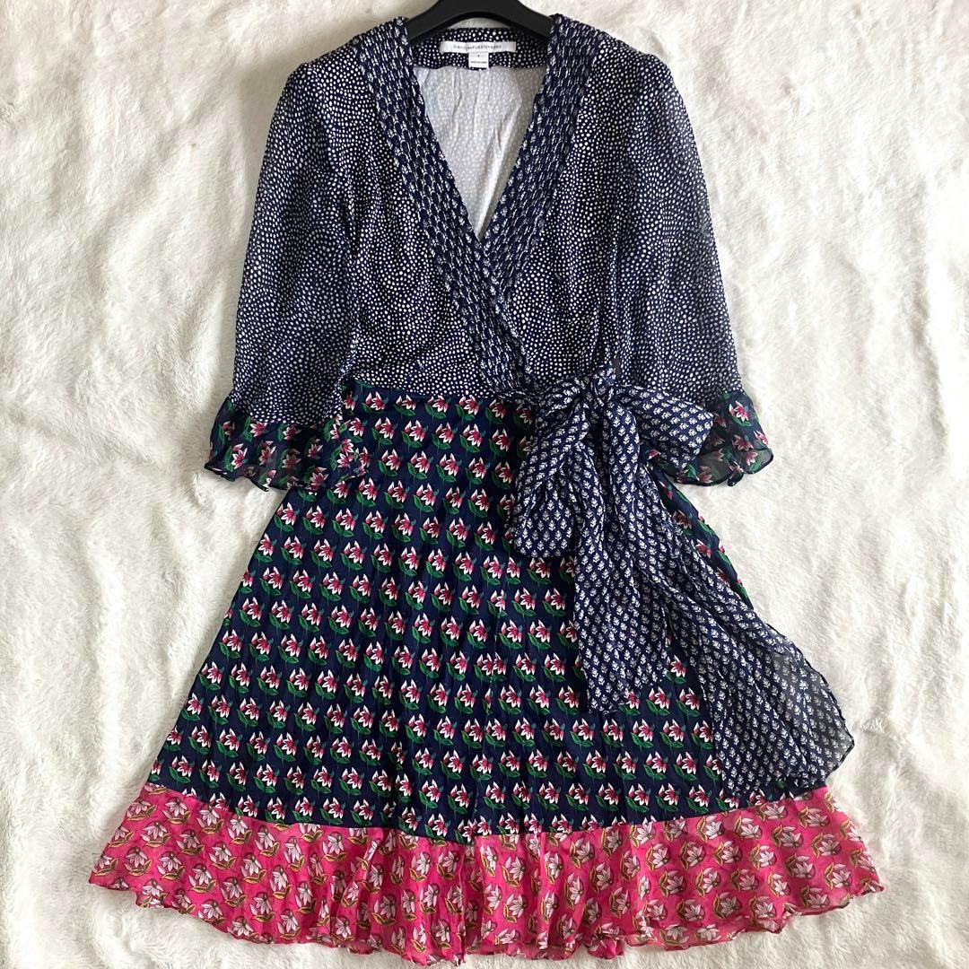 ダイアンフォンファステンバーグ シルク シフォンフリル ラップワンピ 6 紺