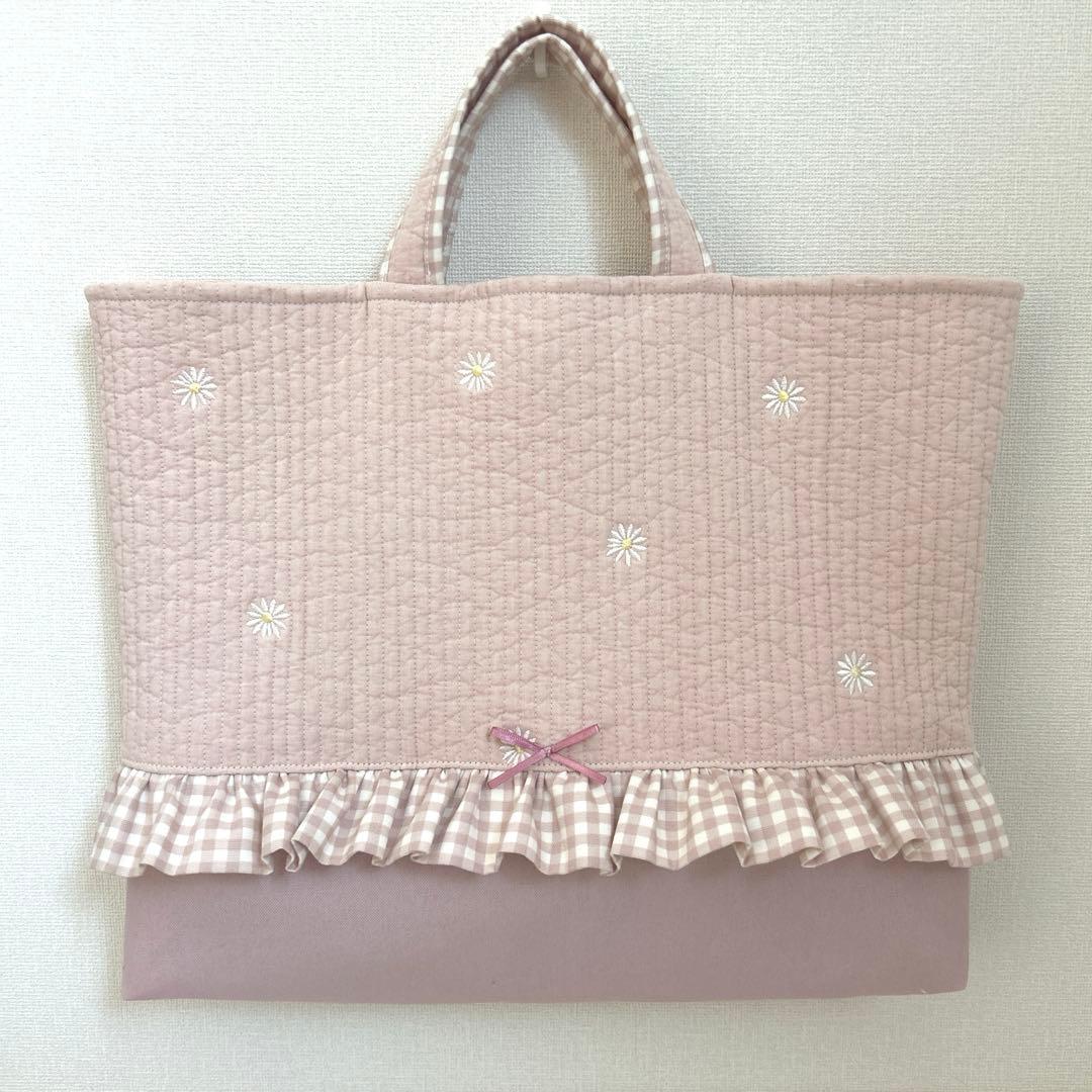 入園入学3点セット　【ピンクお花×くすみピンク】　レッスンバック　お着替え袋