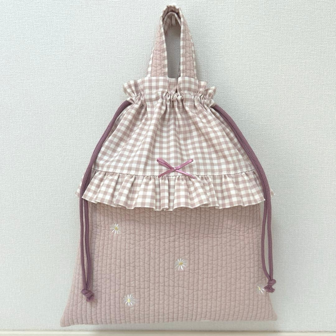 入園入学3点セット　【ピンクお花×くすみピンク】　レッスンバック　お着替え袋